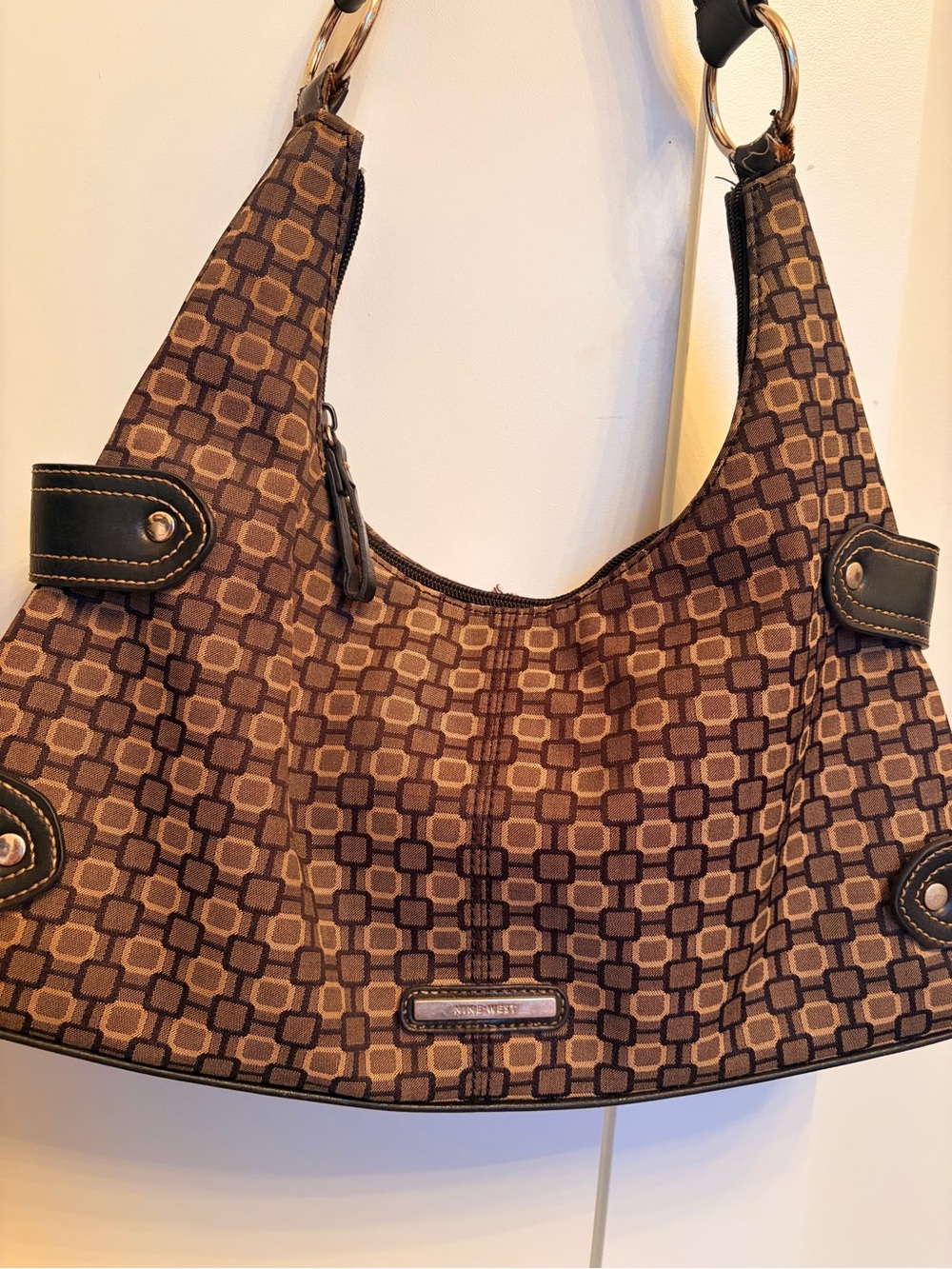 Vintage Y2K Nine West Geometric Brown Shoulder Bag | 90s 2000s Hobo Purse Style - Picture 2 of 11